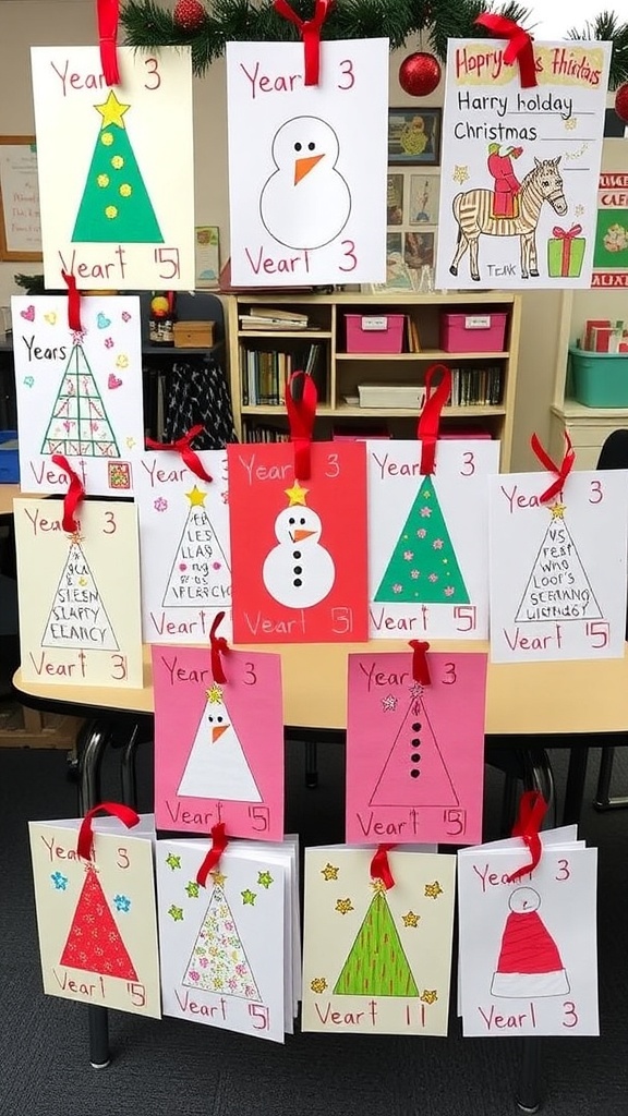 Creative Christmas Card Ideas for Year 3 Students A collection of colorful handmade Christmas cards with various designs and decorations, displayed on a table in a classroom.